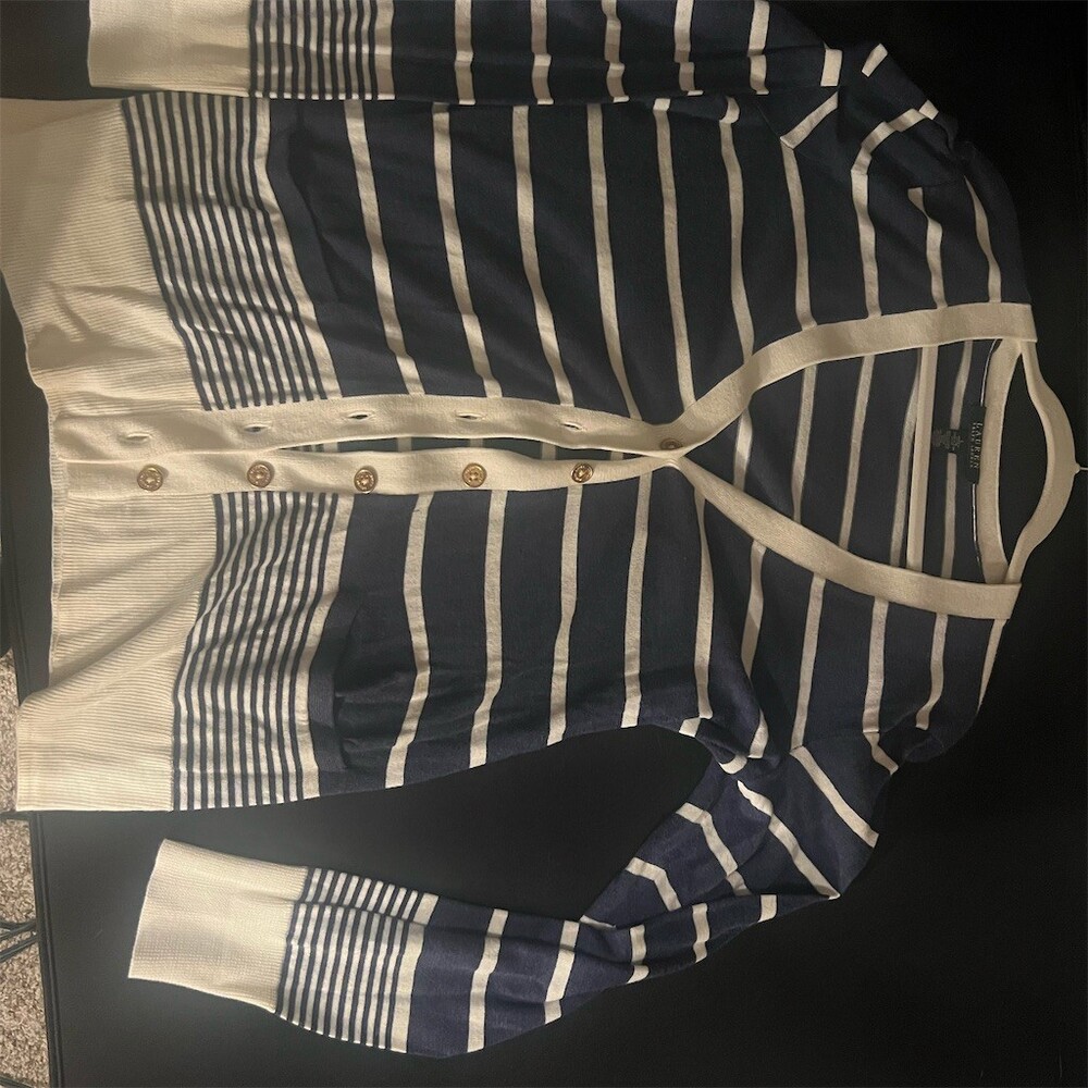 Lauren Ralph Lauren Cardigan Sweater Womens M Navy Ivory Striped V-Neck